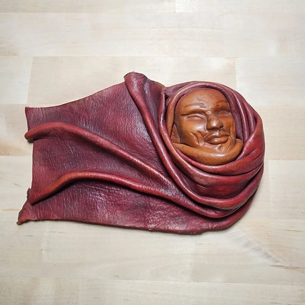 Unique Signed D. Haas Leather Mask Face Sculptured Decorative Vtg Tribal Art‎